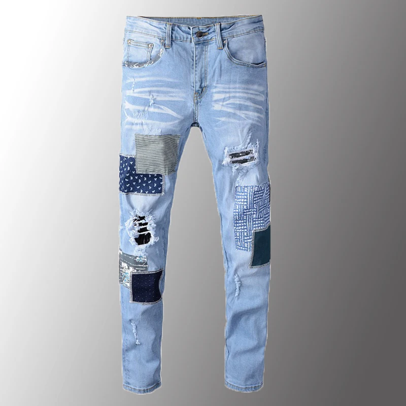 

Men Luxury Men's Patchwork Ripped Jeans Light Blue Holes Stretch Denim Pants Patch Design Trousers High Quality