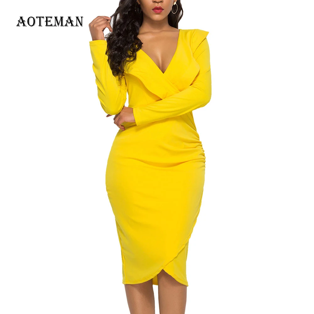 

Sexy V Neck Autumn Winter Dress Women 2019 Casual Plus Size Slim Bodycon Dresses Vintage Elegant Ruffle Long Sleeve Party Dress