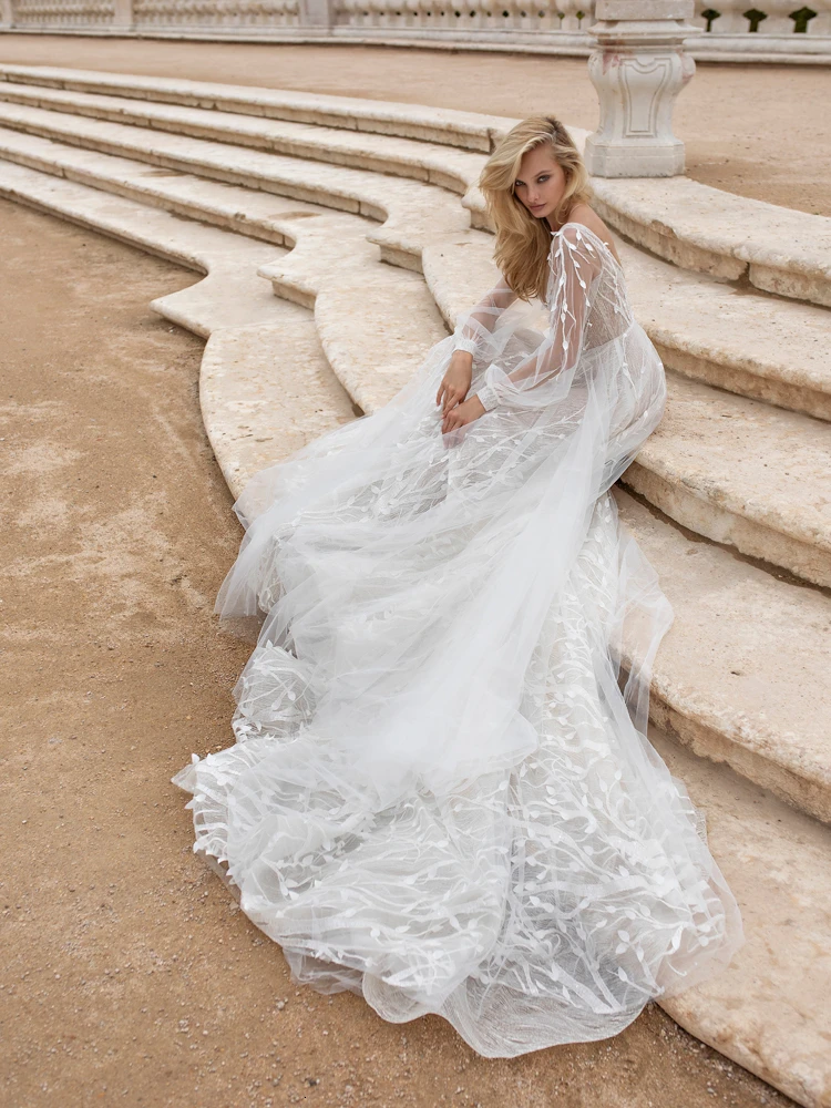 Vivian's Bridal Новое богемное пышное свадебное платье сексуальное иллюзионное с длинным рукавом-фонариком кружевное с аппликацией Часовня Поезд свадебное платье
