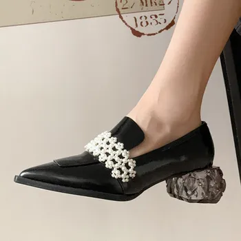 

OLOMLB Womens Pointy Toe Genuine Leather Pearls Strange Crystal Clear Heel Pumps Low Top OL Shoes Black Plus Size 34-44