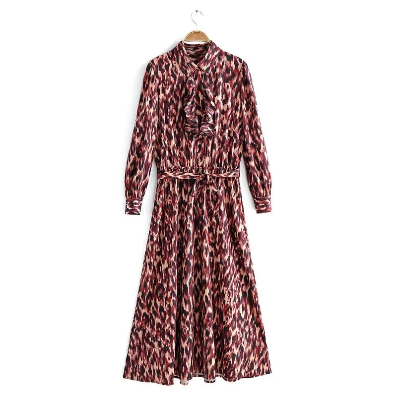 

European and American fashion women's elastic waist lapel buttoned lace-up ruffled long-sleeved dress printed long skirt