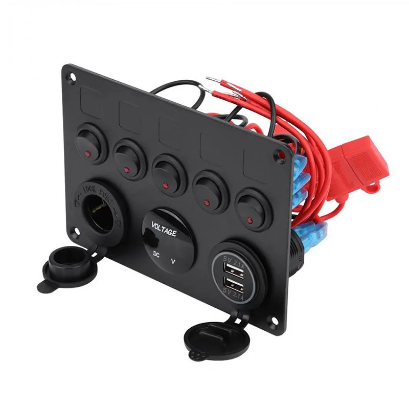 

Digital Voltmeter Dual USB Port 12V Outlet Combination Waterproof Car Marine Boat LED Rocker Switch Panel 5 Gang