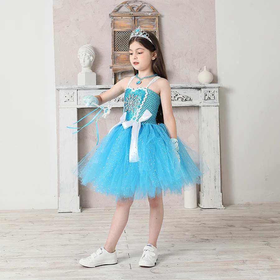 Snow Ice Princess Queen Girls Tutu Dress Glittery Sparkle Handmade Kids Halloween Party Birthday Fancy Dresses Elsa Clothes (2)