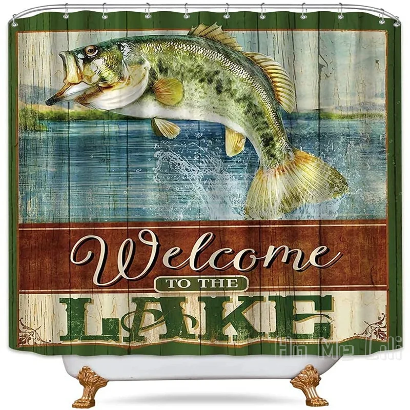

Рыболовная душевая занавеска от Ho Me Lili, рыбалка, Деревенское озеро, кабина с цитатами, деревянные дощечки, мужской уличный декор для ванной комнаты