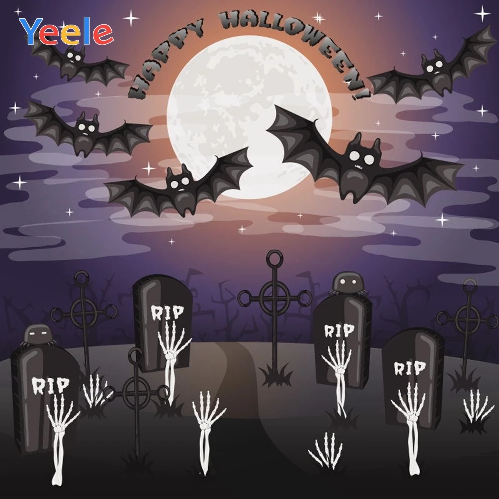 

Yeele Halloween Backdrop Bat Tombstone Hand Moon Night Trick Or Treat Customized Vinyl Photography Background For Photo Studio