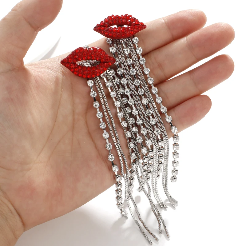 AENSOA, трендовые блестящие серьги с кисточками с кристаллами и красными губами, корейские стразы, красные серьги на цепочке с длинными кисточками для женщин