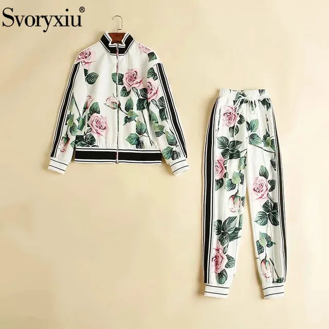 Svoryxiu Runway High-End Autumn Winter White Rose Flower Print Two Piece Set Women s Long Sleeve Jackets Pants Casual Suits