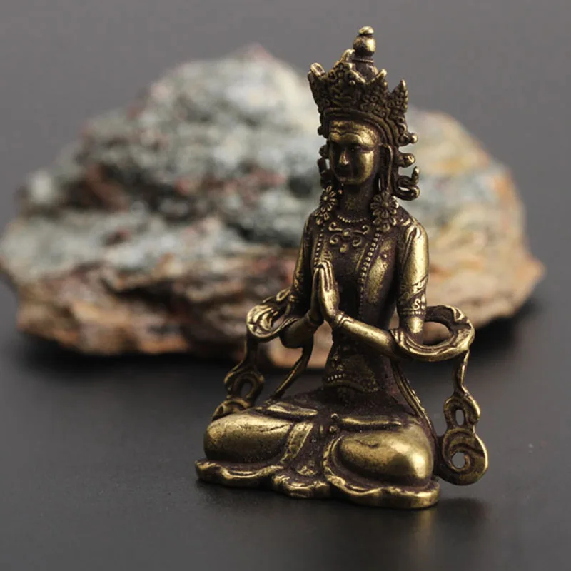 Retro Brass Meditate Zen Buddhism Household Buddha ornament Living Room Handmade Decoration Copper Statue Tea House Ornament