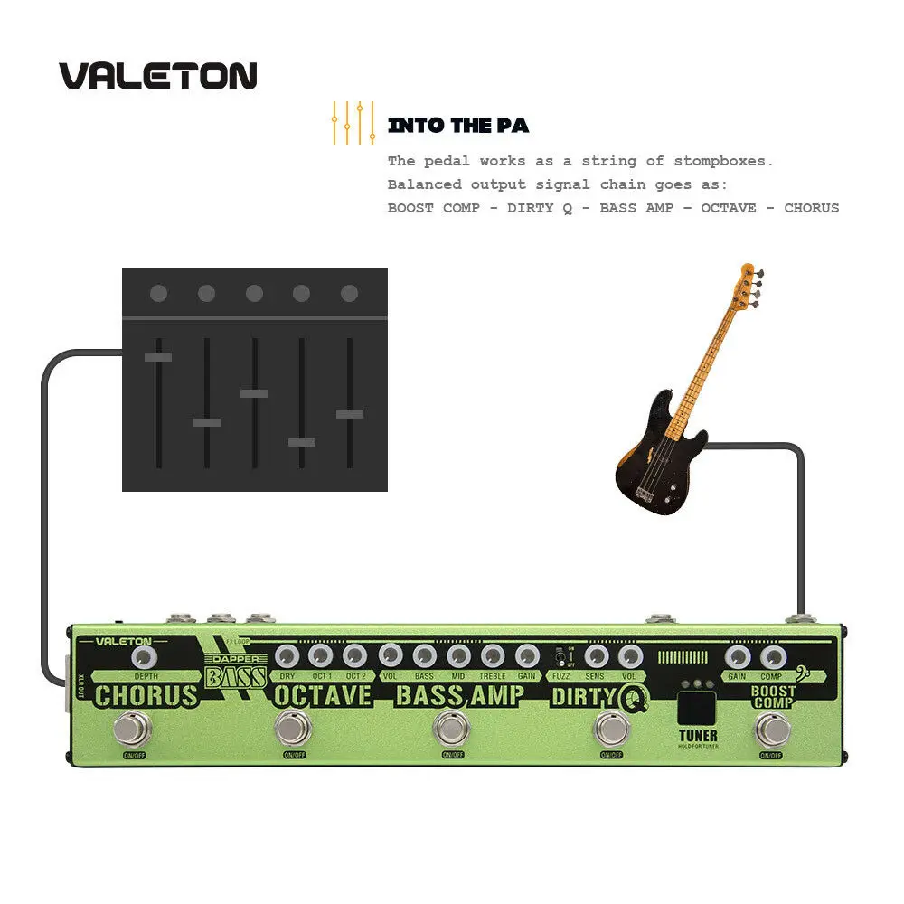 Valeton Dapper бас мульти эффекты полоски на педали 6 в 1 мульти эффект басовый тюнер, хор, октавер, грязный Q& Boost Comp, тюнер VES-2