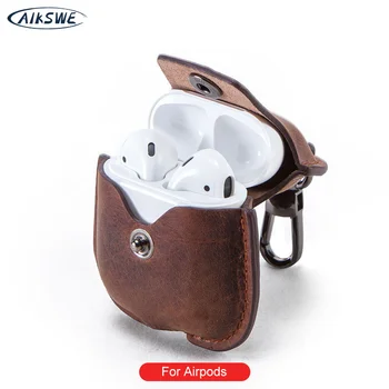 

AIKSWE Genuine Leather Airpods Case For Bluetooth Earphone Charging Box Accessories Bag Key Strap with Buttons Headphone Cover