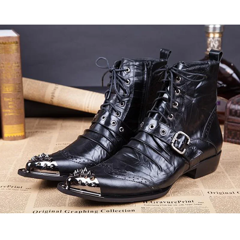 Spring Genuine leather Short tube Men's Boots Tip Rivet Cowhide Cowboy Black Latest fashion Ankle boots Frenulum Social Boots