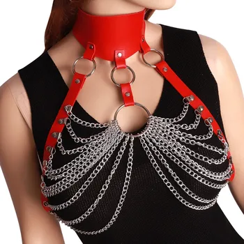 

Red Leather Body Harness Metal Chain Cage Bra Fetish for Women Sexy Lingerie Gothic Bondage Crop Tops Adjust Plus Size Club Rave