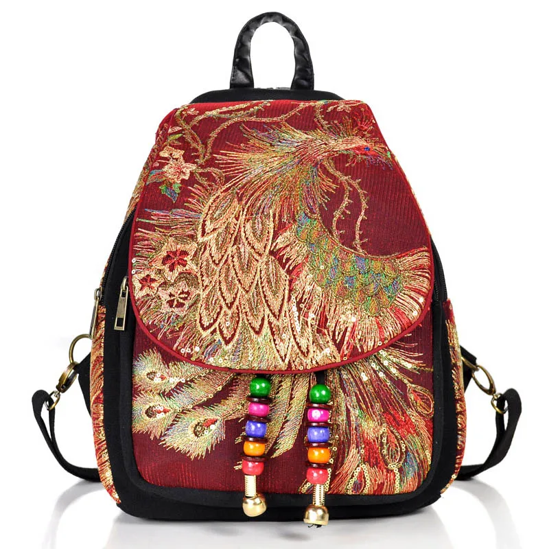 Ретро женские рюкзаки, этнический стиль, вышивка, Женский Павлин, школьная сумка, характеристики, бисерный брезентовый Рюкзак Сумки, новинка - Цвет: Wine Red