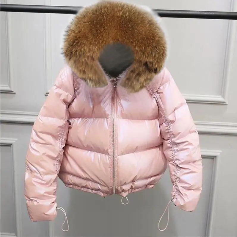 pink 2 Натуральный меховой воротник, зимняя женская шуба, новая мода, Европейская Женская Золотая гладкая короткая куртка, женская мягкая Водонепроницаемая шуба - Цвет: pink 2