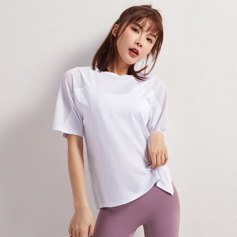 Women Sports Tops Gym Short Sleeve Mesh Patchwork Open Side Yoga Shirts Loose Soft Mesh Fabric Exercise T-shirts Fitness Wear