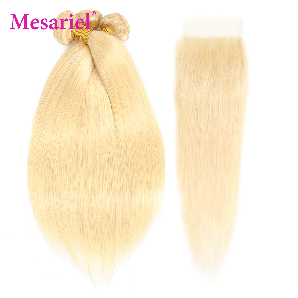 

Mesariel 613 Brazilian Straight Blonde Hair Bundles With Closure M Remy 3 4 Human Hair Bundles With Closure Free Middle Three
