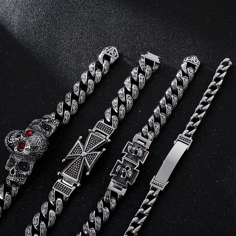 Fongten Skull Cross Curb Men's Bracelet Vintage Black Silver Cuban Chain Stainless Steel Skeleton Male Bracelets Bangle Jewelry