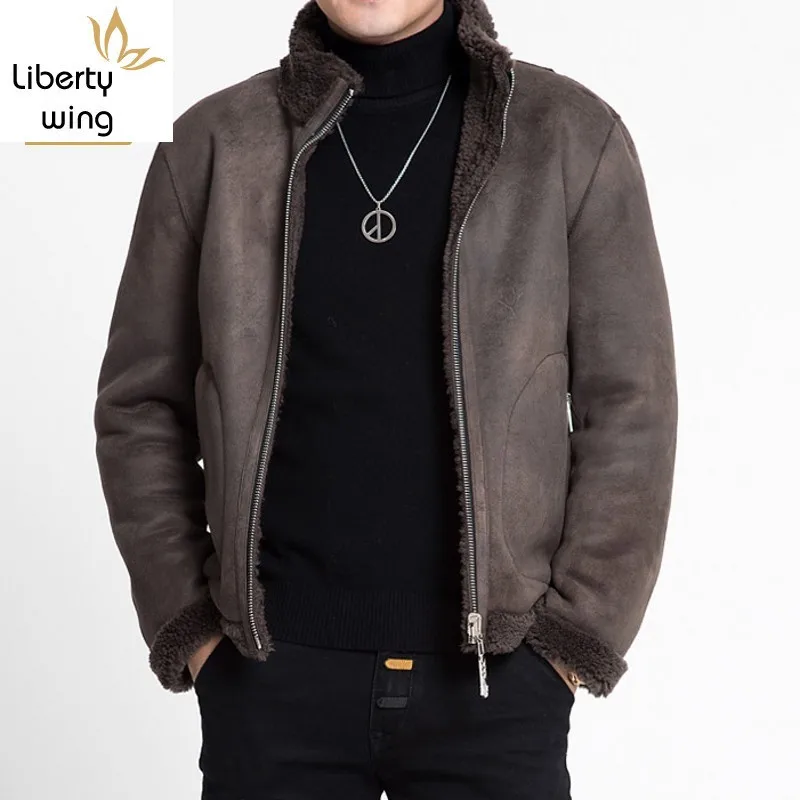 

Mens Winter Slim Fit Short Shearling Jacket Real Wool Lining Office Work Coat Biker Man Suede Leather Outwear Coats Plus Size
