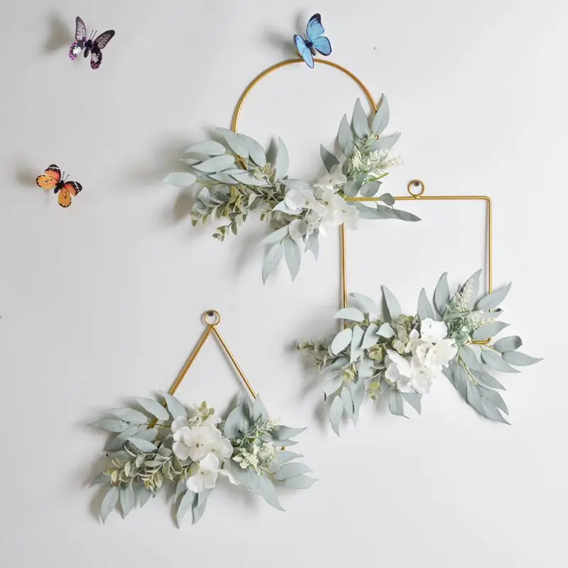

Wall Ornament Wreath Geometric Metal Garland Floral Hoop Simulation Hydrangea Backdrop Ornament Home Decoration