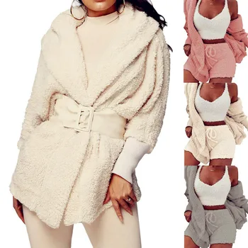 

Fashion Women Cardigan Sweater Plush Hooded Coat + Shorts Set Sleepwear 2PCS Lady Elegant Fluffy Loose Soft Baggy Comfortable