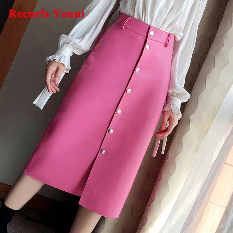 Winter Women High Waist Sweety Simple Genuine Leather Long Skirt Ladies Over Knee Straight Row Single-breast Maxi Jupe Femme | Женская