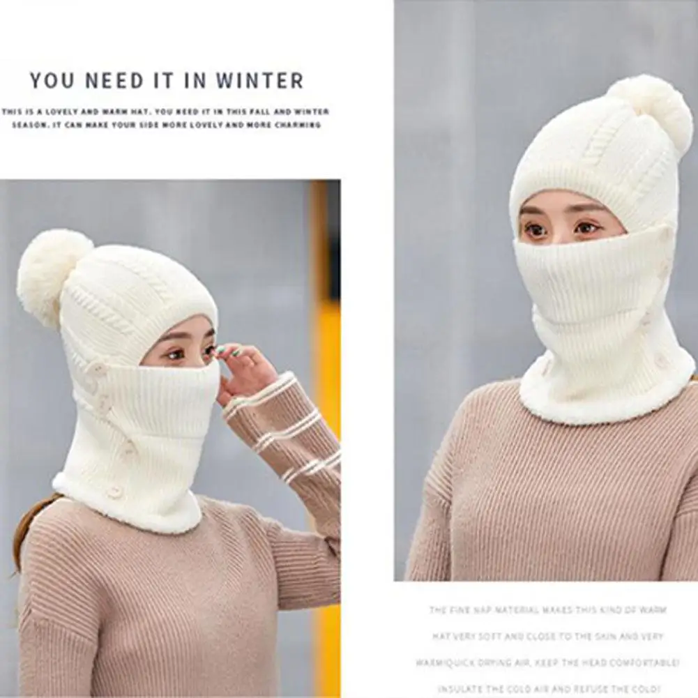 MISSKY Lady Warm One-piece Women Hat-Mask-Scarf Winter Thicken Knitting Wool Ball Riding Outdoor Beanies For Female