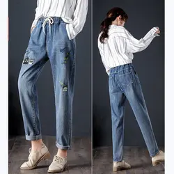 Мода плюс размер 4XL Высокая талия джинсы женские повседневные modsh эластичная талия мама вышивка мультяшного кота длинные джинсы для женщин