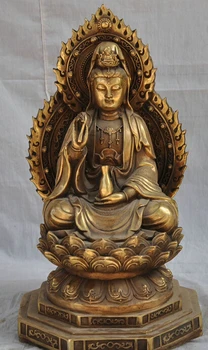 

fast shipping USPS to USA S1328 16" Chinese Brass Pray Bless Joss Lotus Pot Kwan-yin GuanYin Bodhisattva Statue