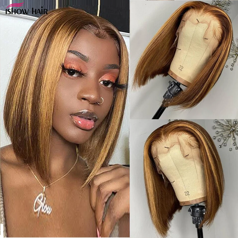 Ishow destacar Bob Peluca de encaje recto frente pelucas de cabello humano Bob corto Ombre Peluca de cabello humano medio Remy brasileño Peluca de encaje
