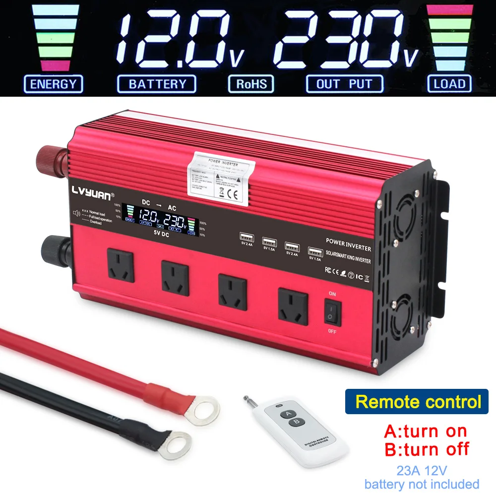 Lcd Display12000W пиковая универсальная/EU/US розетка 12V до 220 V-240 V 3/4 AC Розетка 4 USB с беспроводным пультом дистанционного управления инвертор питания