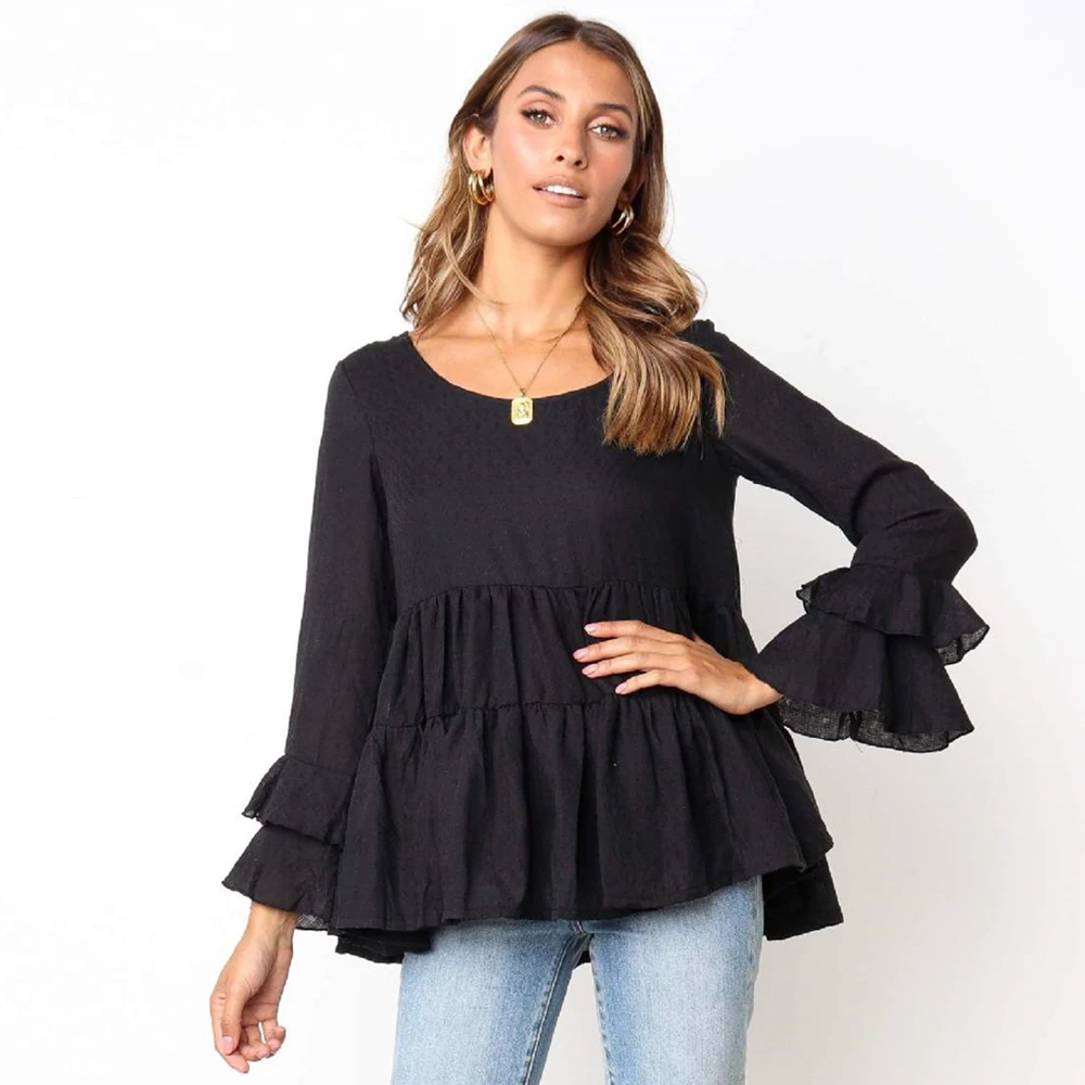 

BornToGirl 2019 Autumn Women Black Pink Flare Sleeve Round Neck Loose Chiffon Shirt