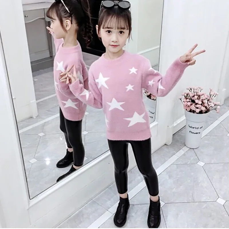 

2020 New Style Childrenswear Girls Mink Cashmere Sweater & Star Korean-style Pullover Long-sleeve Knitwear Factory Price