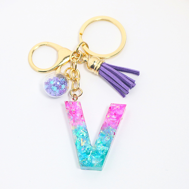 Creative Letter Alphabet Crystal Arylic Liquid Keychain Women Key Chains Ring Car Bag Tassels Pendent Charm Gift Accessory