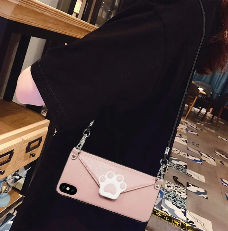 

Envelope Necklace Strap Leather Case For iPhone 11 Pro Max 11 Pro 11 XS Max XR XS X 7 8 6 Plus Cartoon Cat Paw Avocado Buckle