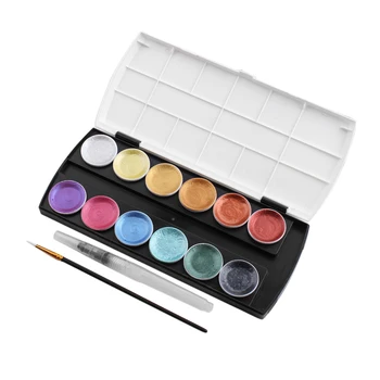 

12 Colors Stationery With Box Students Solid Pigment Kids Gift Graffiti Tool Metallic Glitter Watercolor Paint Set For Artists