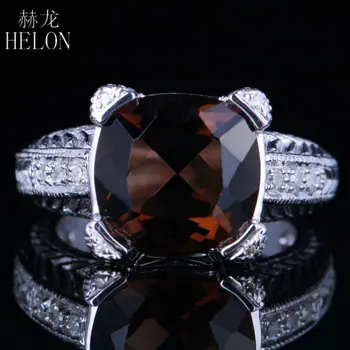 

HELON Sterling Silver 925 Flawless 12mm Cushion Smokey Quartz & Diamonds Engagement Ring Women Filigree Vintage Classic Jewelry