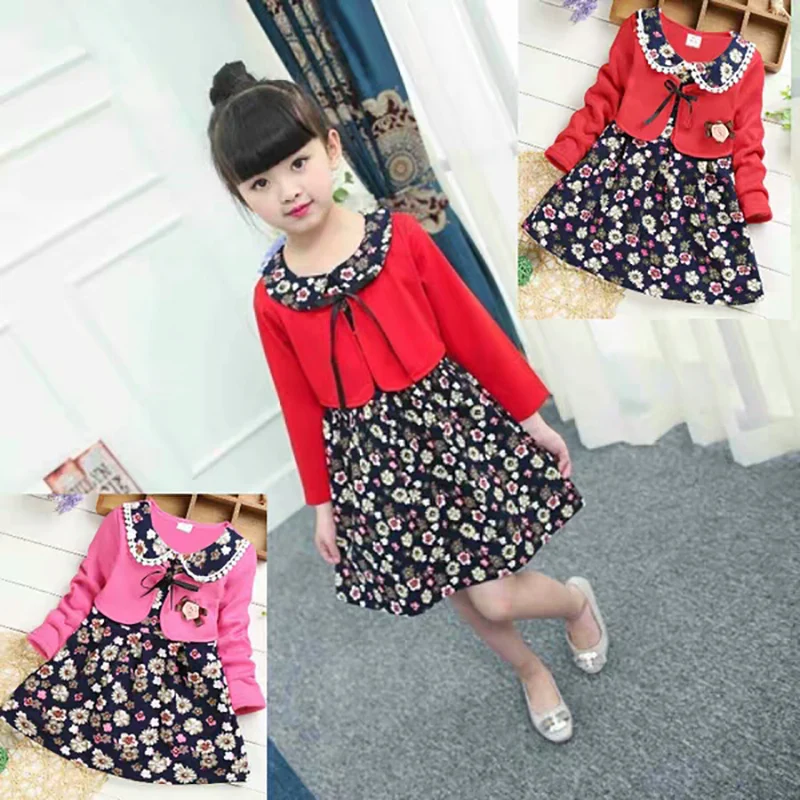 

Autumn Casual Baby Girls Flower Pattern Long Sleeve Fake 2 Piece Dress Kids Sundress