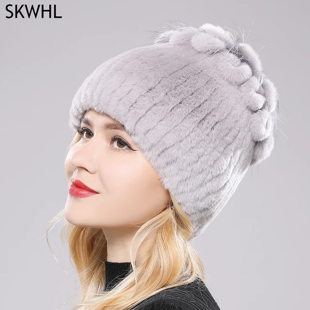 2021 Russia Hot Sale Winter Real Fur Beanies Hat Women 100% Genuine Real Rex Rabbit Hat Good Elastic Knitted Rex Rabbit Fur Caps 1