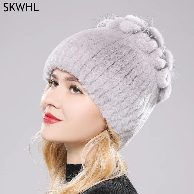 Hot Sale Russia New Winter Real Fur Beanies Hat Women 100% Genuine Real Rex Rabbit Hat Good Elastic Knitted Rex Rabbit Fur Caps 1