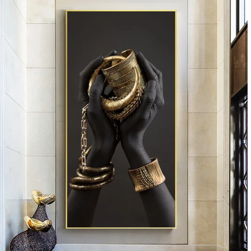 African Black Hand with Golden Jewelry Art Canvas Paintings on The Wall Posters and Prints Modern Pictures Home Decor | Дом и сад