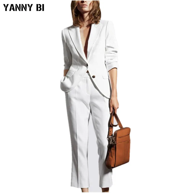 Women Pant Suits White Bussiness Formal Elegant 2 Piece Set Blazers And