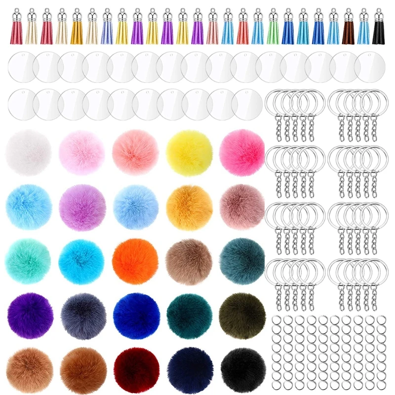 195PCS/Set Acrylic Keychain Blanks with Key Rings Round Clear Discs Circles Colorful Tassel Pendant Jump Plush Balls | Украшения и