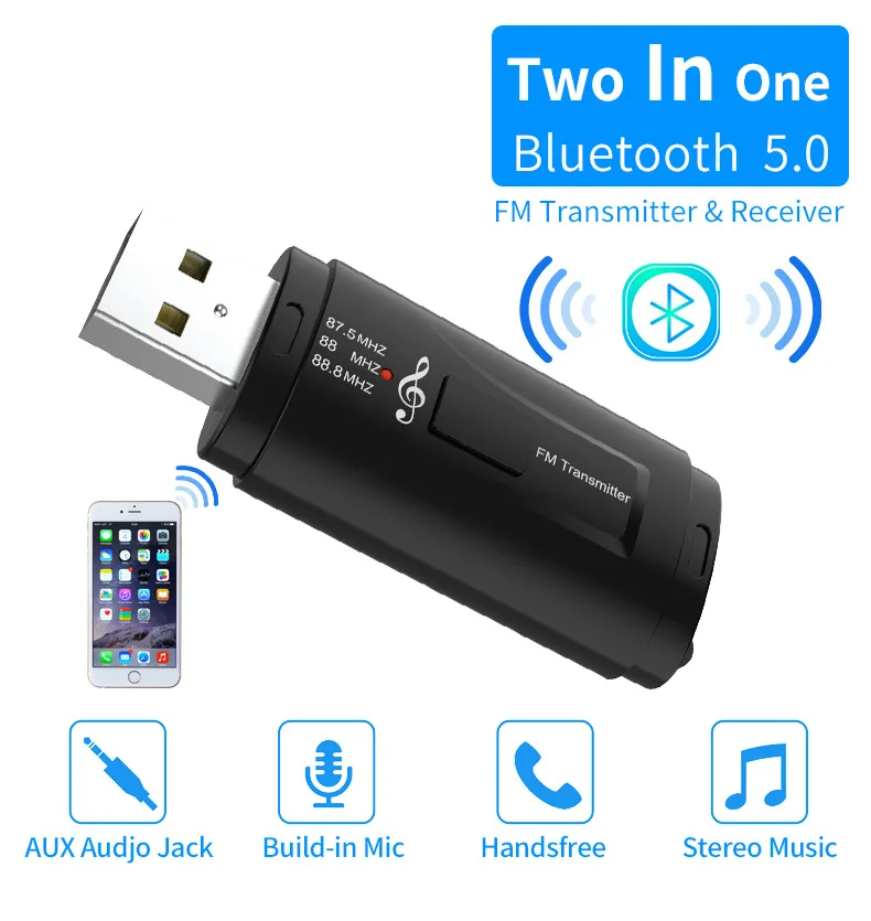 Bluetooth адаптер 5,0 USB FM MP3 передатчик 3,5 мм Aux стерео приемник адаптер для iPhone 8Plus XS