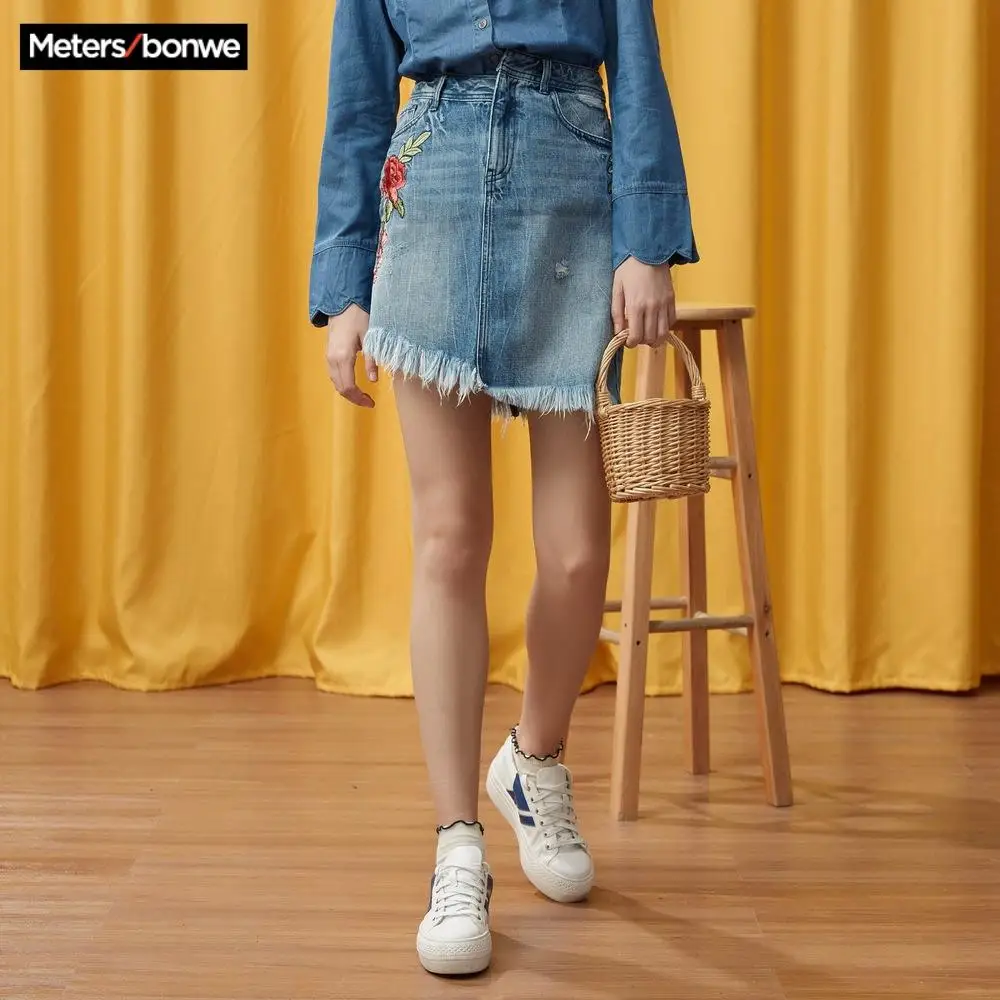 MetersBonwe Denim Skirt High Waist A-line Mini Skirts Women Button Irregular Tassel Girls skirt Summer Embroidery | Женская одежда