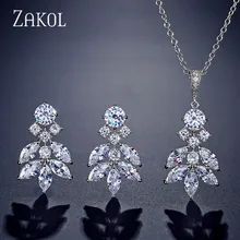 ZAKOL Роскошные кубического циркония длинные серьги в форме листа Кулон Ожерелье Набор Свадебные украшения для женщин подарок на свадьбу юбилей FSSP3032