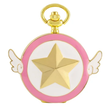 

Luxury Golden Japanese Anime Sailor Moon Quartz Pocket Watch Five-pointed Star Necklace Pendant Chain Gifts for Women with Wings