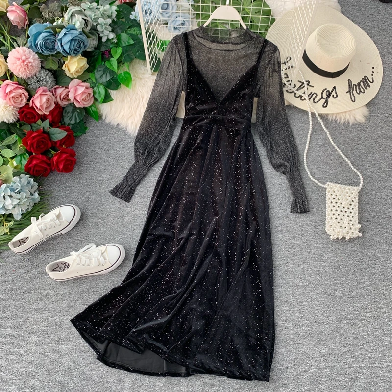 

Autumn Women Dress 2019 Vintage Sexy Bohemian Beach Dress Sundress Black Dress Female Long Sleeve Tops + Strap Dress 2 Piece Set