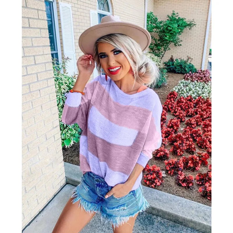 Осенняя футболка с длинным рукавом Женская Повседневная Camiseta Mujer топы Футболка Ropa Harajuku полосатая футболка Blusas Женская водолазка женская одежда - Цвет: B light red