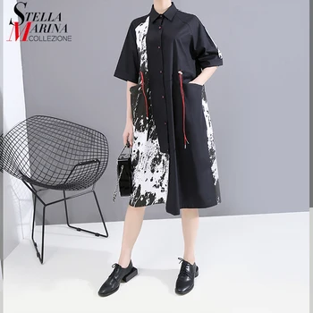 

* New 2020 Korean Style Women Black Printed Casual Shirt Dress Knee Length Pocket Straight Ladies Stylish Midi Dress Robe 6130