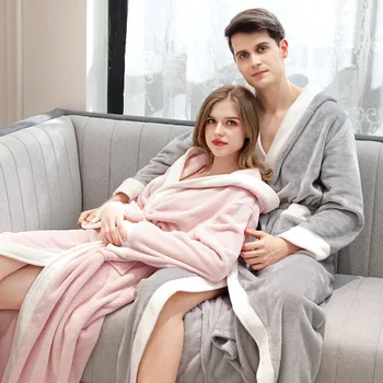 

Couple Contrast Hooded Thicken Kimono Bathrobe Robe Sexy V-Neck Long Flannel Lingerie Nightgown Sleepwear Winter Lounge Homewear